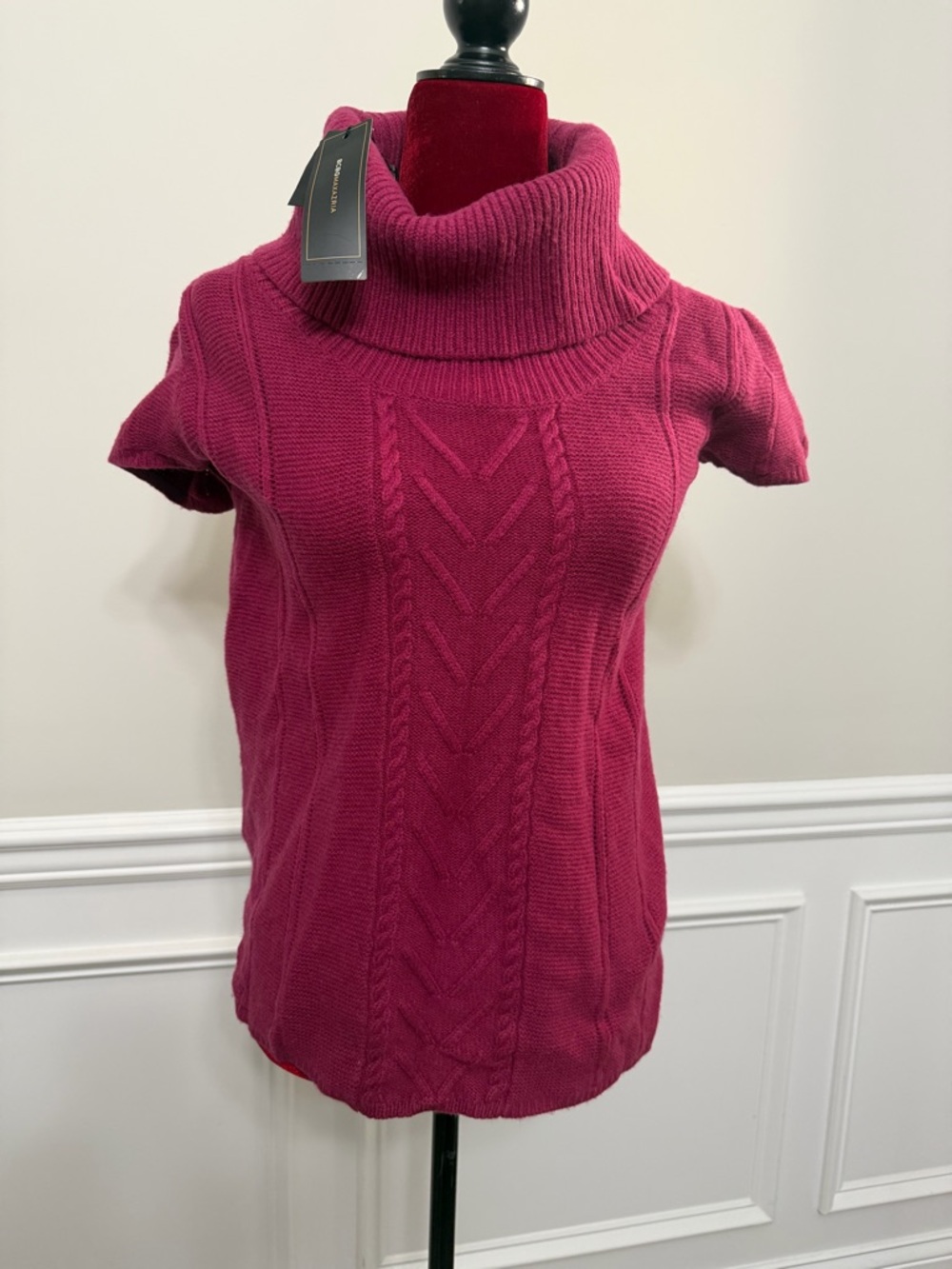 BCBGMaxAzria Raspberry Short-Sleeve Cable Turtleneck Sweater